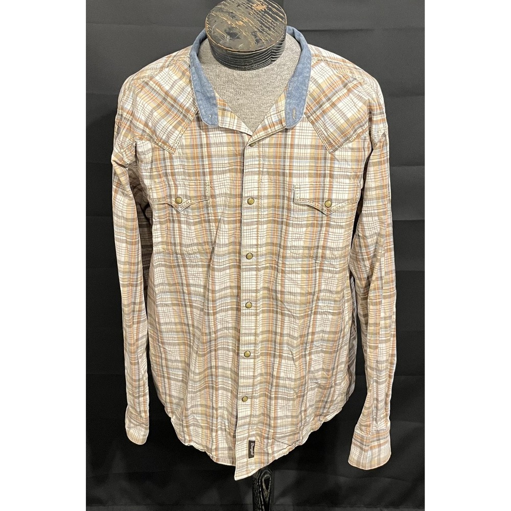 Wrangler Retro Shirt Mens 2XL Brown Blue Plaid Western Snap Denim Collar